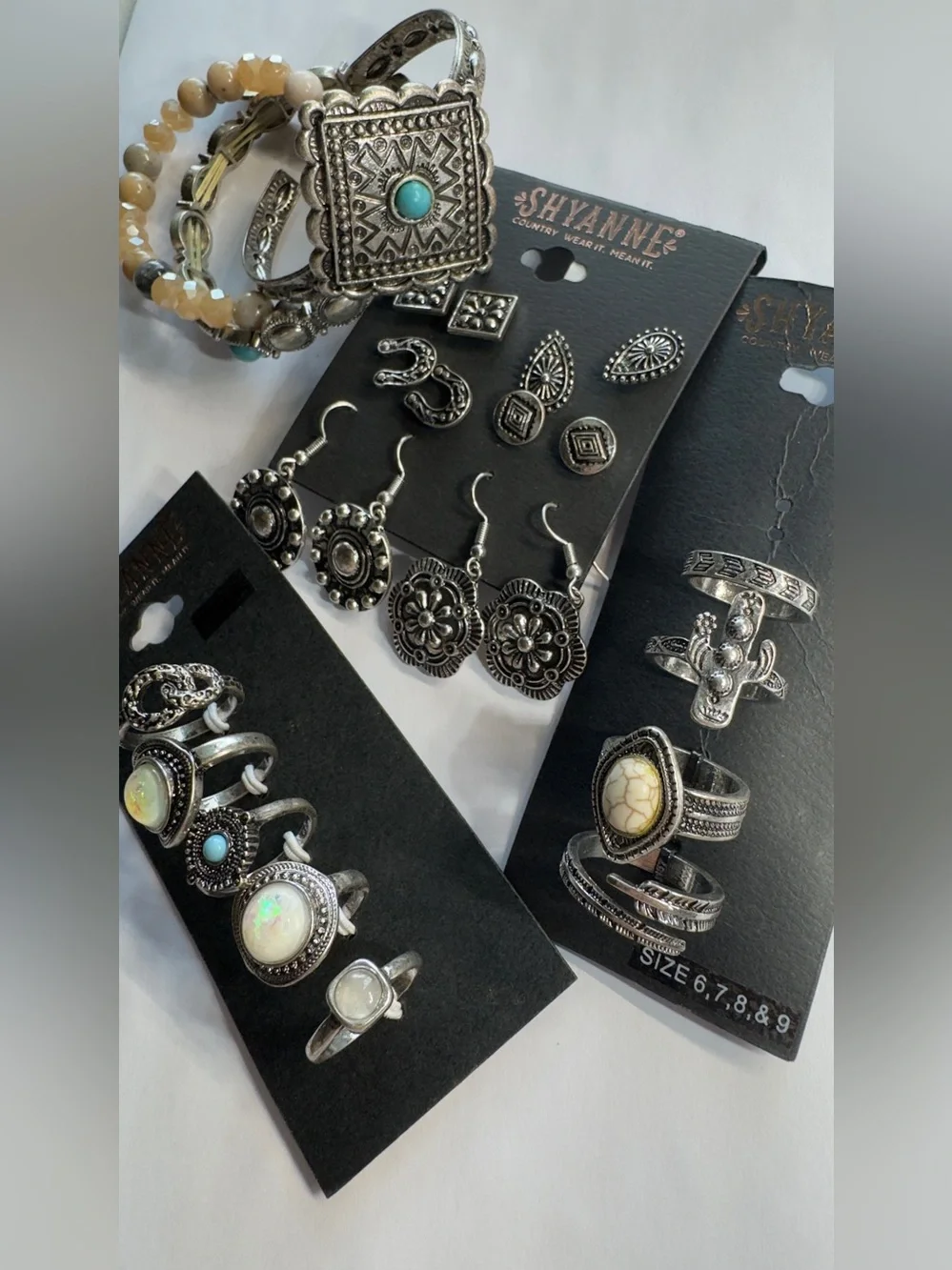 Shyanne Silver-Tone Rings & Earrings Set with Turquoise and Cream Accent